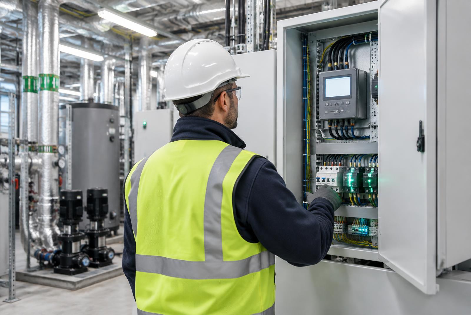 Energy engineer inspecting commercial building controls