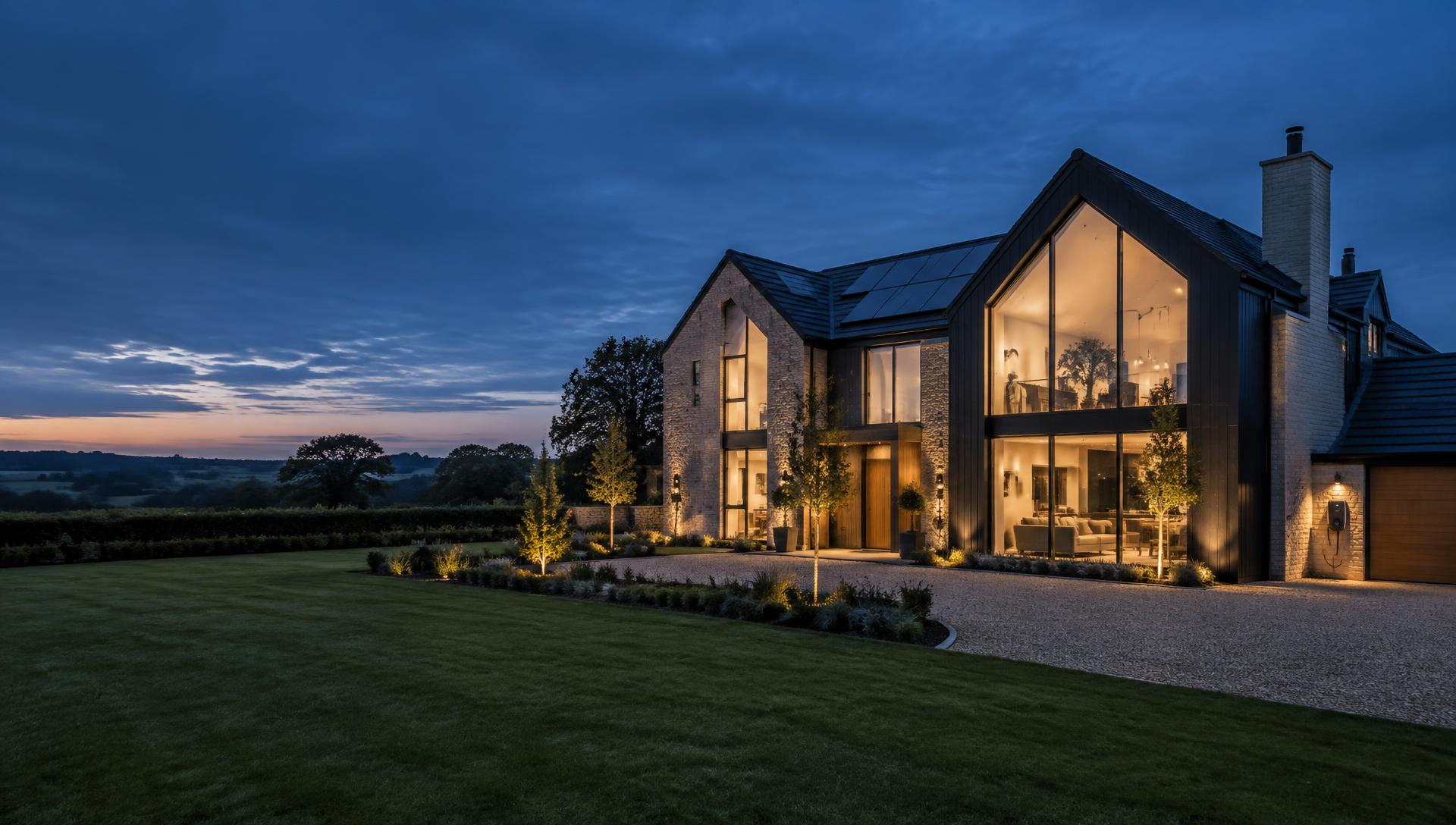 Energy-efficient contemporary British home at dusk